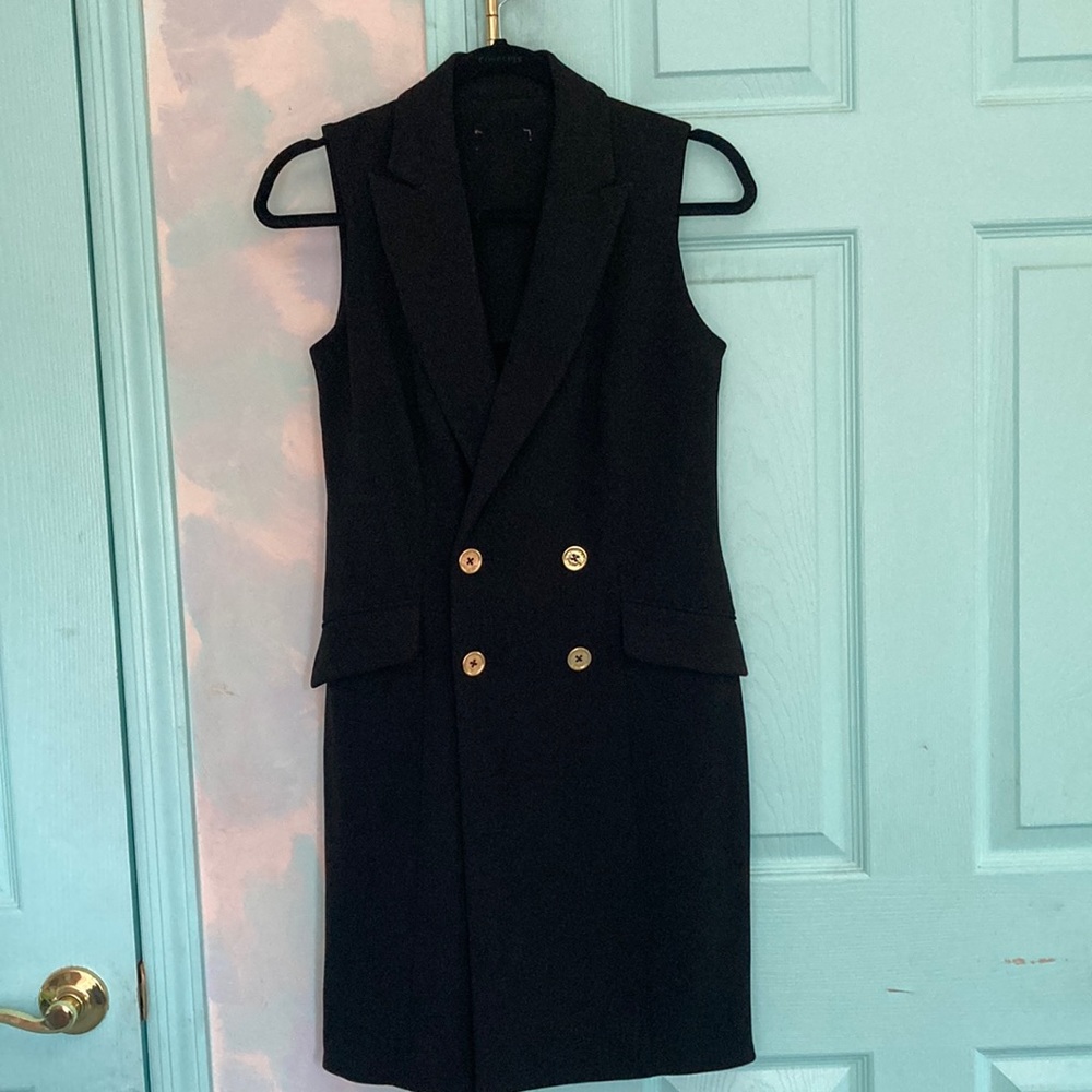 Calvin Klein Black Sleeveless Double-Breasted Long Vest with Gold Buttons